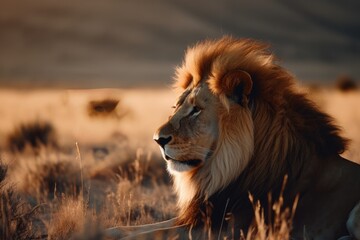 Majestic lion rests on the African savannah., generative IA