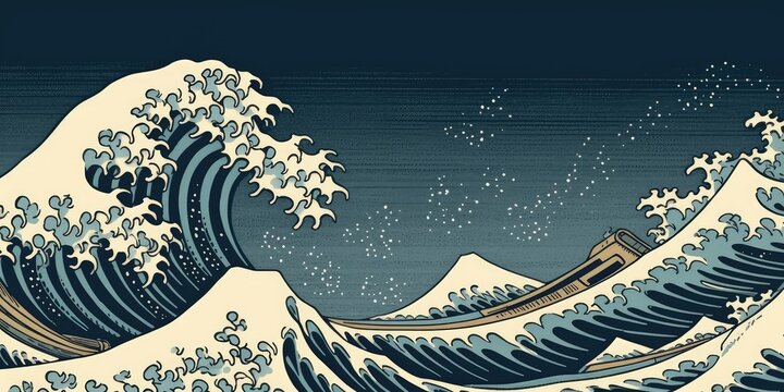 Hokusai style rough sea ocean waves background