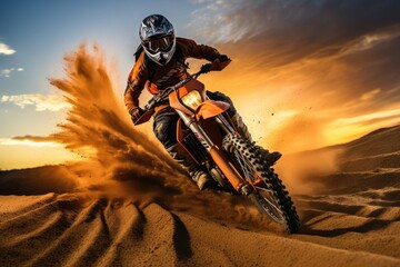 Extreme motocross MX Rider riding on dirt track. Generative AI - obrazy, fototapety, plakaty
