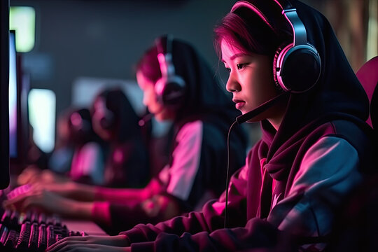 Asian teenage cyber athletes passionately battle it out in a multiplayer PC video game during an eSport tournament in a club.