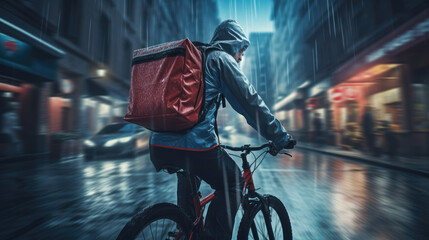 Ai generative image of food delivery man riding a bicycle on a city street with a large backpack in the rain