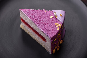 Delicious fresh sweet mousse cake with berry filling