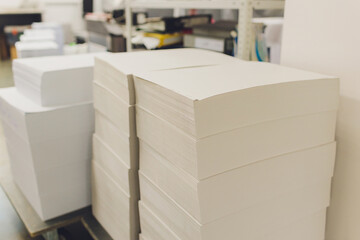 stacks of printed sheets of cardboard on wooden pallets closeup. printing industry.