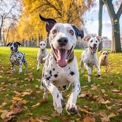 Cute funny dalmatian dogs group running and playing advertising banner made with Generative AI