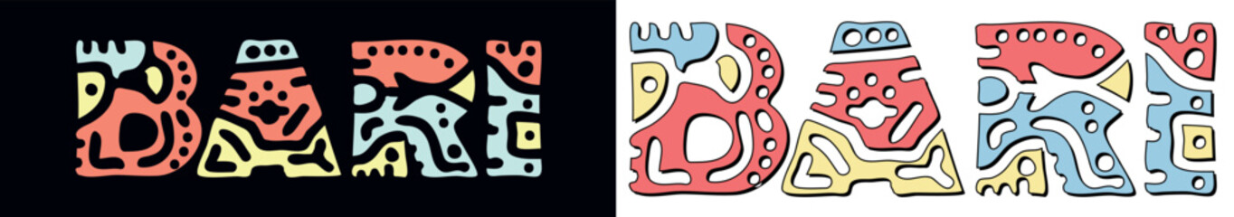 BARI. Doodle isolate text. Colored curves decorative doodle letters. Folk artwork style. Place in Italy BARI for travel print, tourist booklet, banner, flyer.