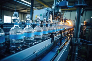 Process of beverage manufacturing on a conveyor belt at a factory.