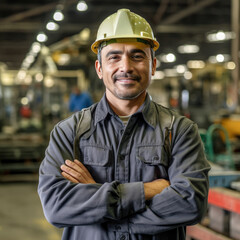 Candid shot of a confident Hispanic male factory worke. made with Generative AI