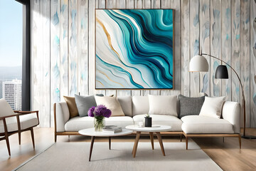 Marble abstract acrylic painting in the interior of the room. Marbling artwork texture.