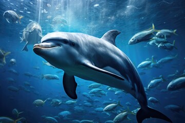 Dolphin swim in the blue sea in a picturesque place