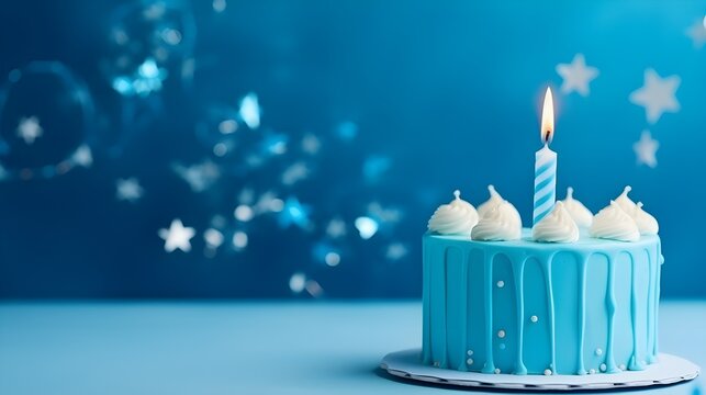 Birthday colourful cake decorated with sweets on a blue background poured with chocolate. 3d. ai