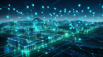 Obraz premium A dynamic and futuristic visualization in soothing blue and eco-friendly green tones, showcasing AI-driven analytics 