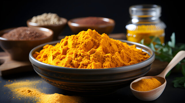 Spices and herbs, Different seasonings in cups. Spice  on a dark background