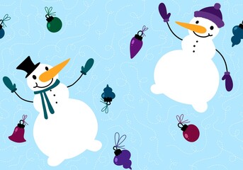Christmas tree balls seamless snowman pattern for wrapping paper and fabrics and festive packaging and kids