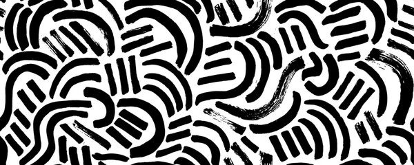 Organic irregular circular lines vector seamless pattern. Hand drawn black and white organic shapes and circles texture. Biological grunge squiggle lines, structure of natural cells. Dry brushstrokes.