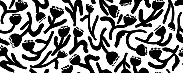 Branches with leaves and flowers seamless pattern. Hand drawn black brush botanical ornament.  Dry brush style floral motives. Monochrome print.