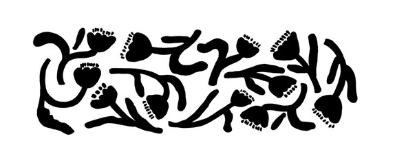 Set branches with leaves and flowers . Hand drawn black brush botanical ornament. Hand drawn vector eucalyptus, laurel twigs. Dry brush style floral motives. Monochrome print.