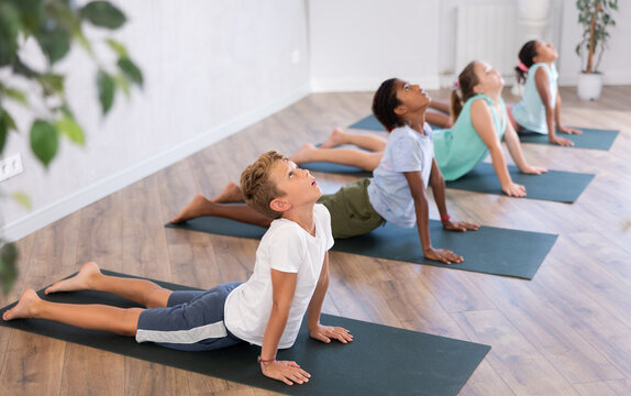 Group of teenagers are practicing Hatha yoga for amateurs. Boy children perform pose dog muzzle up - cobra, Urdhva Mukha Shvanasana- Bhujangasana