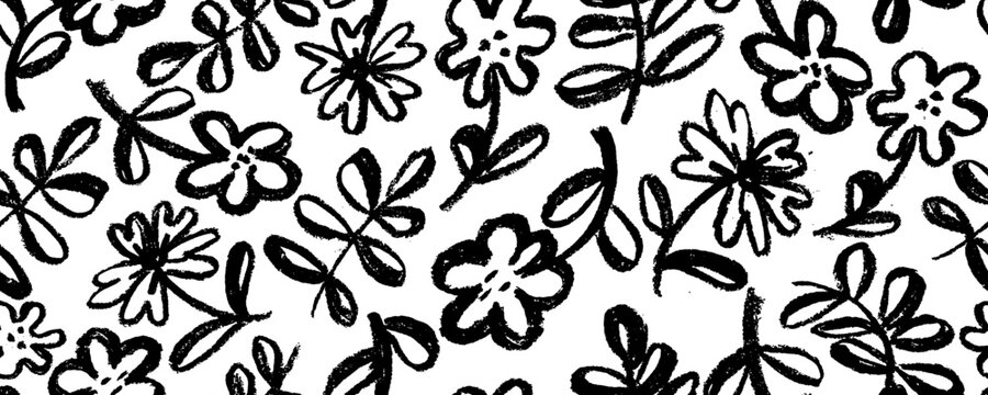 Black flowers and leaves vector seamless pattern. Hand drawn silhouettes of spring chrysanthemum flowers. Dry brush style floral motives. Black paint illustration with branches and leaves. 