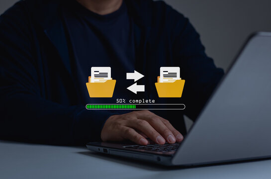 Transfer files data system relocation concept. Data transfer through cloud technology Exchange data with modern internet technology that is fast and secure Internal document backup on online database