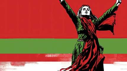 A woman stands up in front of a red and green backdrop, in the style of graphic novel art illustration made with Generative AI