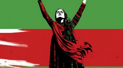 A woman stands up in front of a red and green backdrop, in the style of graphic novel art illustration made with Generative AI