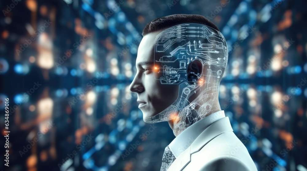 Aufkleber artificial intelligence, futuristic humanoid cyber man with a neural network, half man, half robot, 