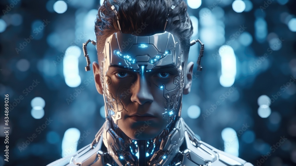 Poster cyborg man with a neural network thinks, abstract digital human face, artificial intelligence concep