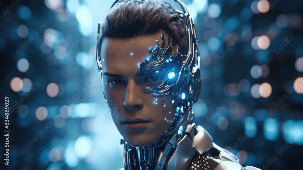 Poster cyborg man with a neural network thinks, abstract digital human face, artificial intelligence concep