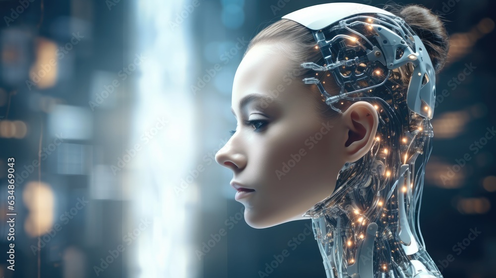 Aufkleber Cyborg beautiful girl with a neural network thinks, Artificial intelligence with a digital brain is learning to process big data.
