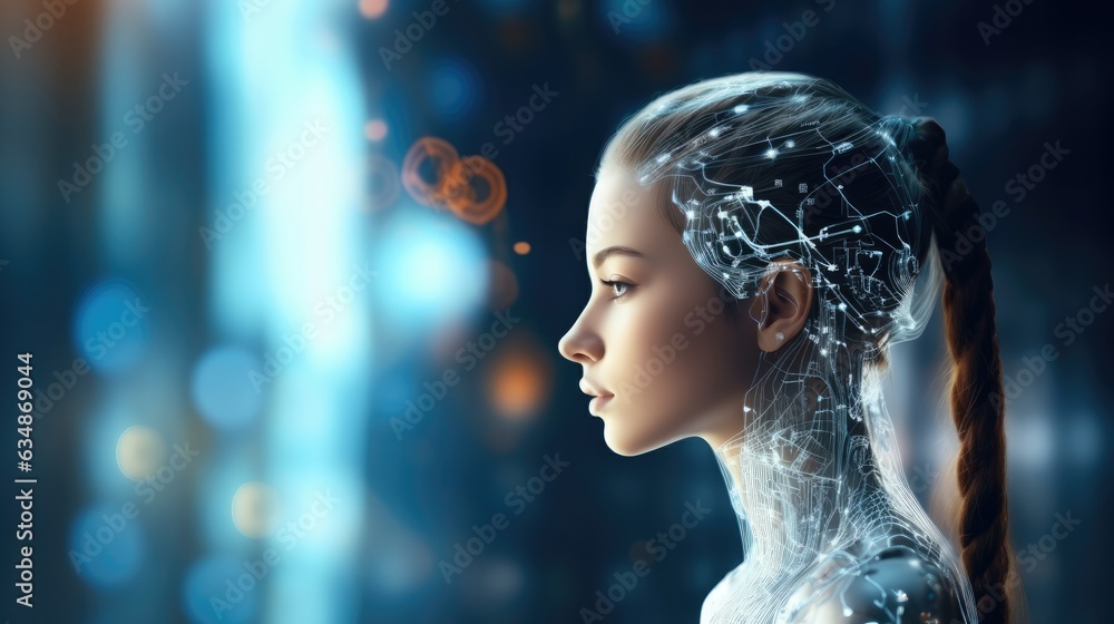 Poster Robot cyber girl, Futuristic robot with artificial intelligence, Artificial intelligence with a digital brain is learning to process big data.