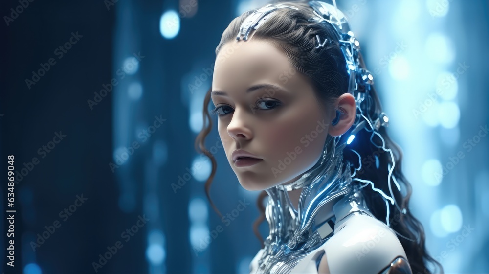 Aufkleber Robot cyber girl, Futuristic robot with artificial intelligence, Artificial intelligence with a digital brain is learning to process big data.