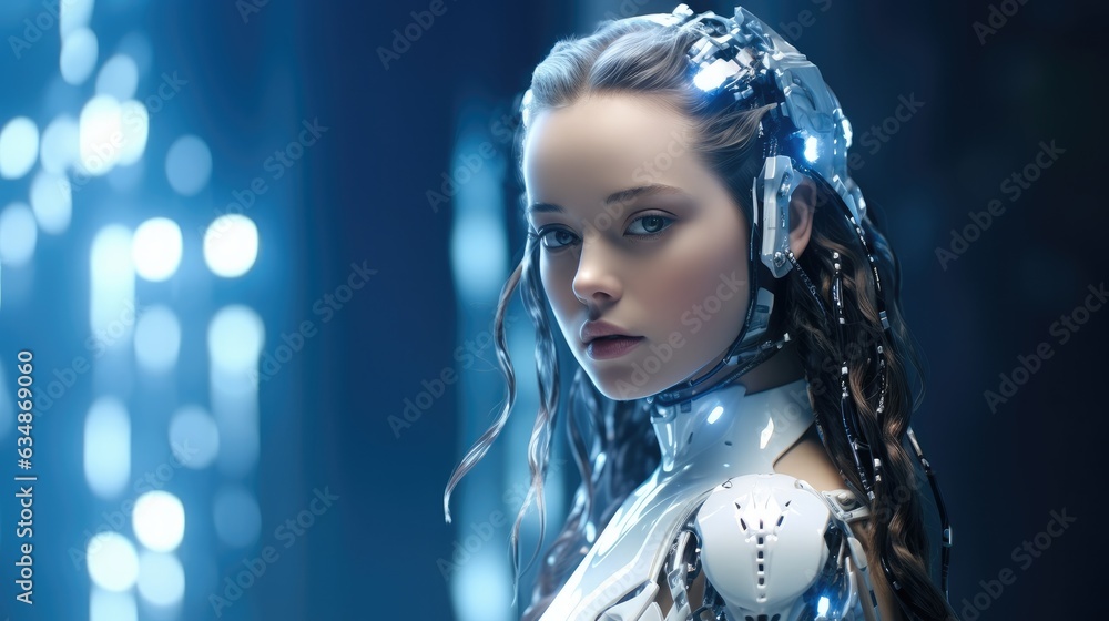 Aufkleber Cyborg beautiful girl with a neural network thinks, Artificial intelligence with a digital brain is learning to process big data.