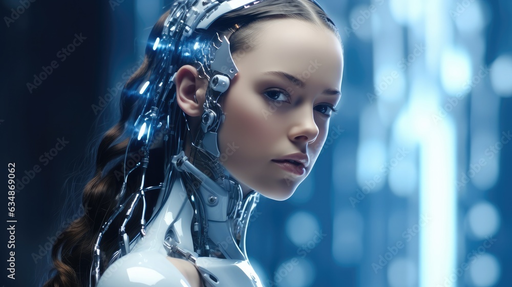 Poster Robot cyber girl, Futuristic robot with artificial intelligence, Artificial intelligence with a digital brain is learning to process big data.