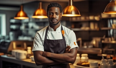 Fototapeta premium Portrait of young African American chef in apron standing at restaurant kitchen.