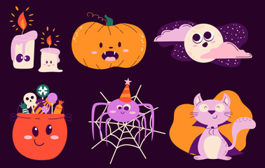 Hanndrawn collection of cute Halloween characters with emotions. Mascot set cat, pumpkin, candles, moon, spider.
