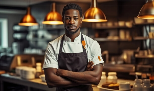 Portrait of young African American chef in apron standing at restaurant kitchen.