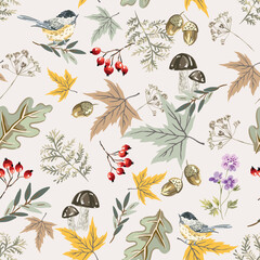 Autumn titmouse birds, maple, oak leaves, berries, mushrooms, acorns,  fern, beige background. Vector seamless pattern. Fall season illustration. Forest nature design