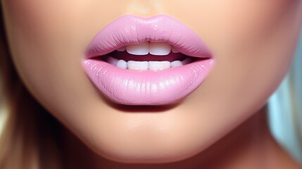 Fototapeta premium Beautiful young woman's lips pastel pink color, Trendy concept of cosmetic products.