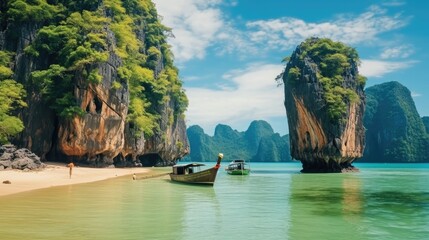 Amazed nature scenic landscape Phang Nga bay island with boat for traveler, Attraction famous landmark tourist travel Phuket Thailand summer vacation trips. - obrazy, fototapety, plakaty