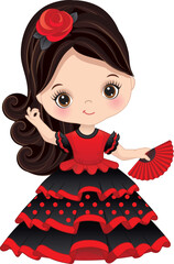 Vector Cartoon Cute Little Girl Dancing Flamenco