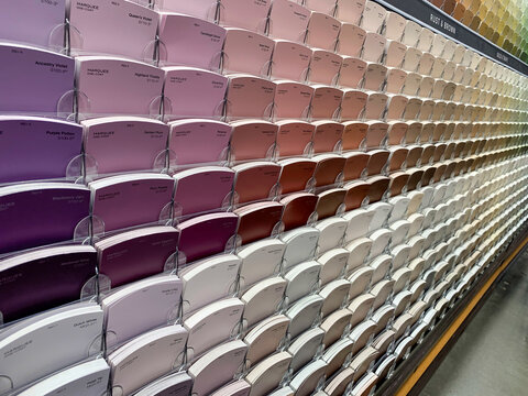 View of rows of Behr paint cards swatches on one of the walls of a home improvement store. San Diego, CA USA on February 23, 2020.