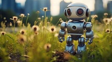 Robot in meadow with city background, Future technology concept.