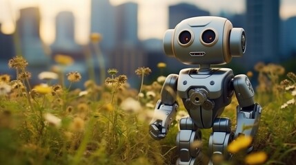 Robot in meadow with city background, Future technology concept.