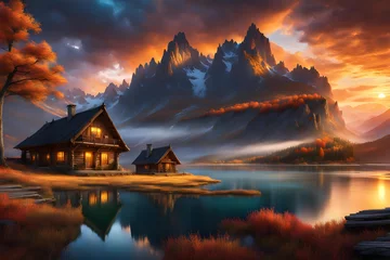 Fotobehang sunset in the mountains with a blockhouse on a lake in the foreground - generative ai © Martin
