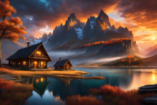 sunset in the mountains with a blockhouse on a lake in the foreground - generative ai