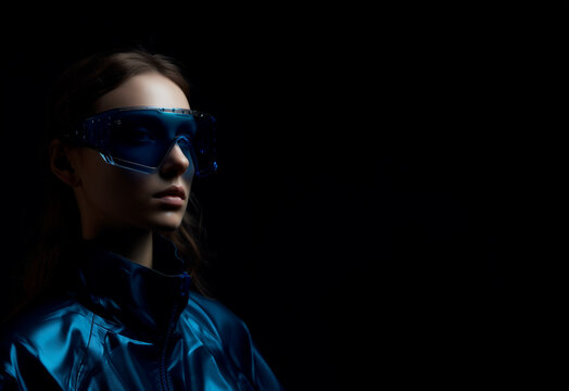 Fashion shoot, Jacquemus and Moncler collaboration: dark blue translucent futuristic sunglasses