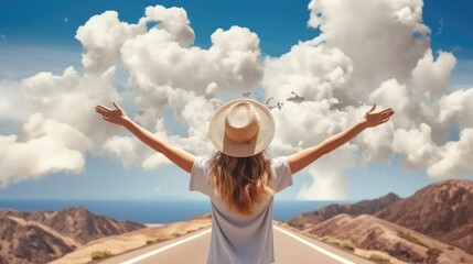 Rear view, Happy travel woman on vacation concept with world shaped clouds,Travel concept.