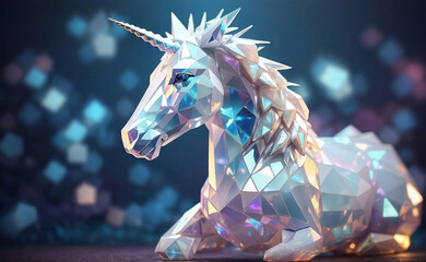 A magical glowing polygon white pearl unicorn.