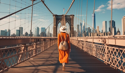 Rear view, Young woman tourist on the Brooklyn Bridge. - obrazy, fototapety, plakaty