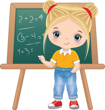 Cute School Girl Standing near Blackboard. Vector Back to School